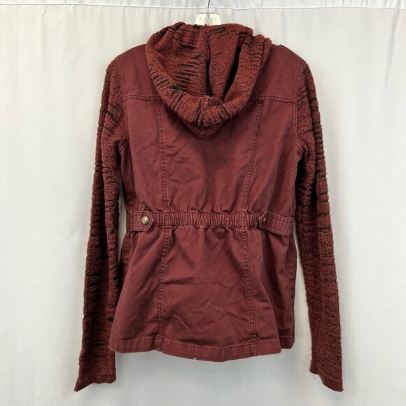 Maurices Womens Long Jean Jacket Wine Full Zip Knit Hood Pockets Collar M - Picture 5 of 10